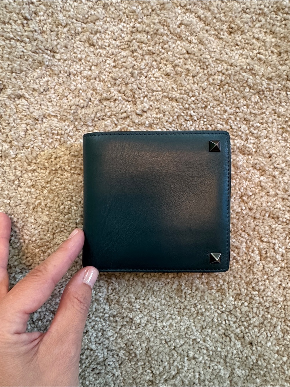 VALENTINO Teal Blue Leather Bifold Rockstud Fold Wallet
